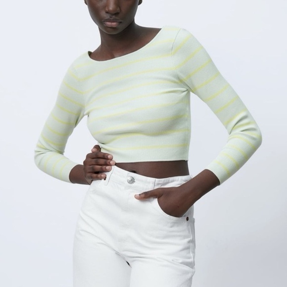 ZARA Striped Knit Textured Cropped Sweater Top Size M Medium